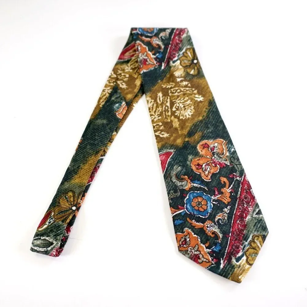 Paulo Visari Green Multi-Colored Floral Print Short Wide Silk Tie Made In Itally